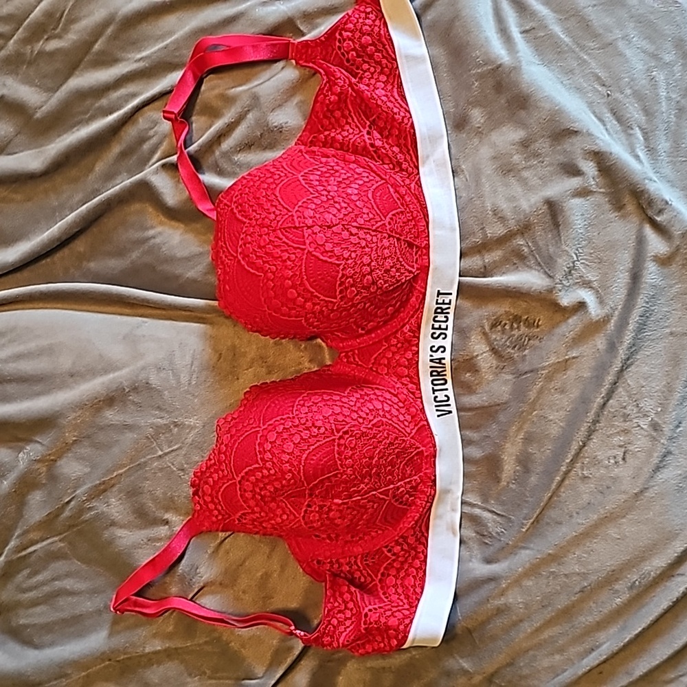 Lined red lace bra with logo band